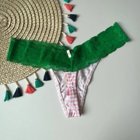 Victoria’s Secret PINK Lace Trim Thong Panty Cupid Pink Stripe Green Medium NEW - Picture 4 of 5